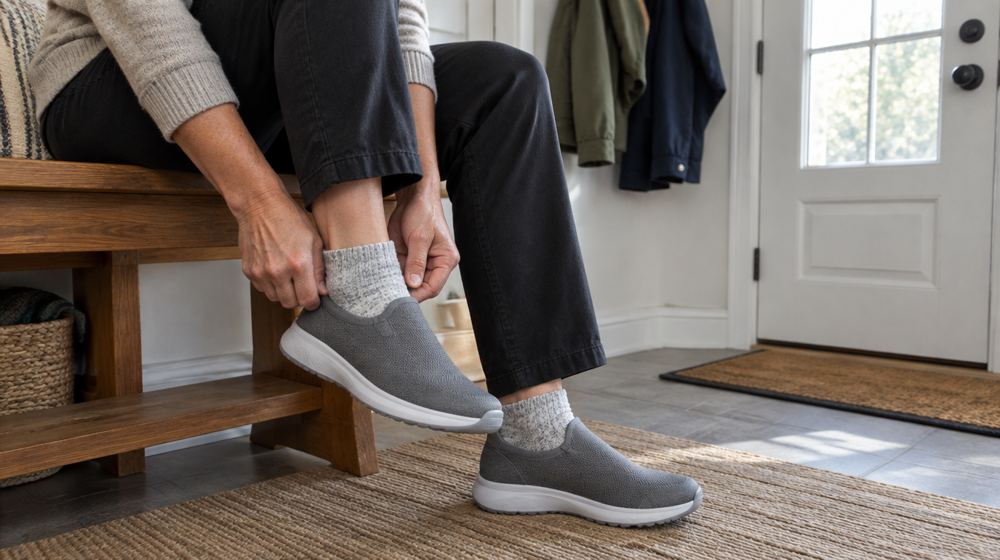 Person seated on a wooden bench near the front door putting on a comfortable walking shoe, wearing cotton socks