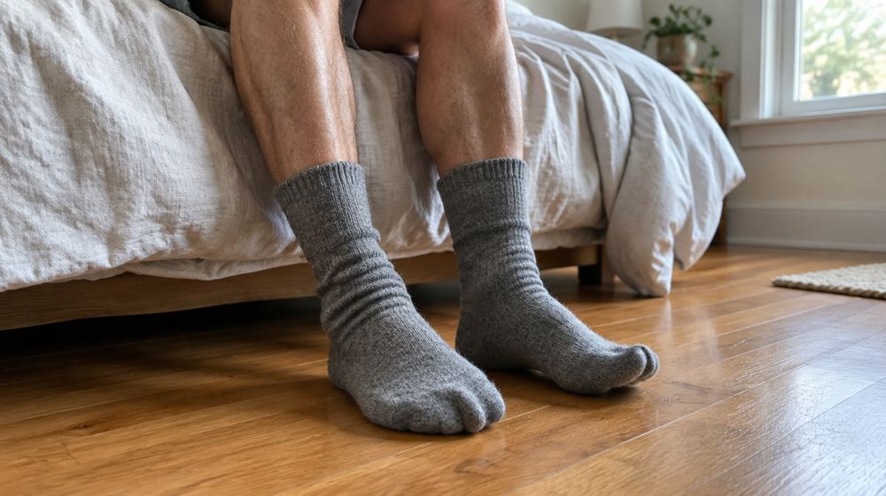 Legs of a person sitting on the edge of a bed in the morning, wearing thick gray cotton socks on a wooden floor