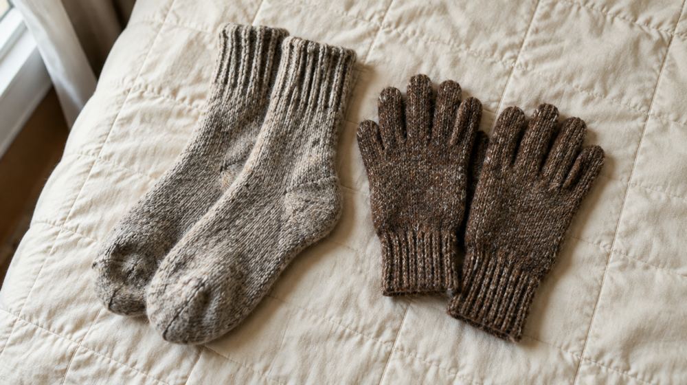 A pair of wool socks and a pair of knitted gloves laid side by side on a light quilt