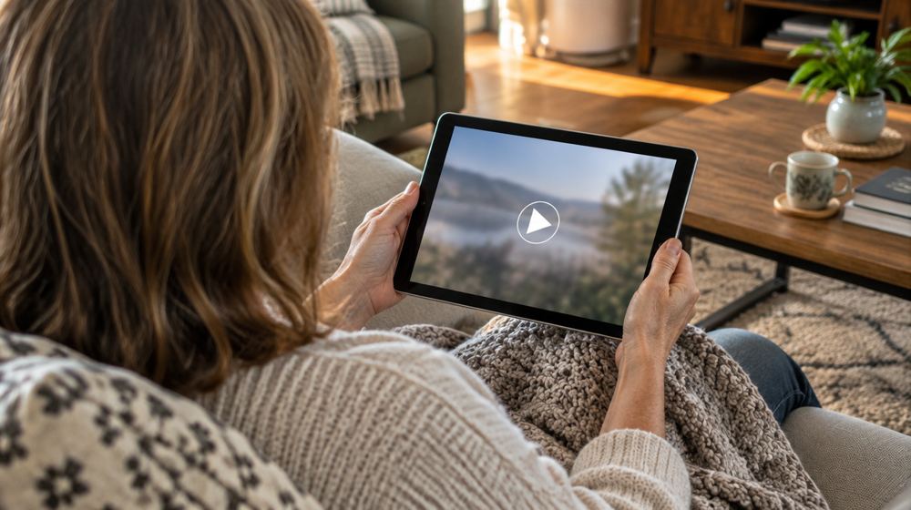 Person sitting on a sofa with a blanket on their lap, looking at a tablet that shows a video with a play button